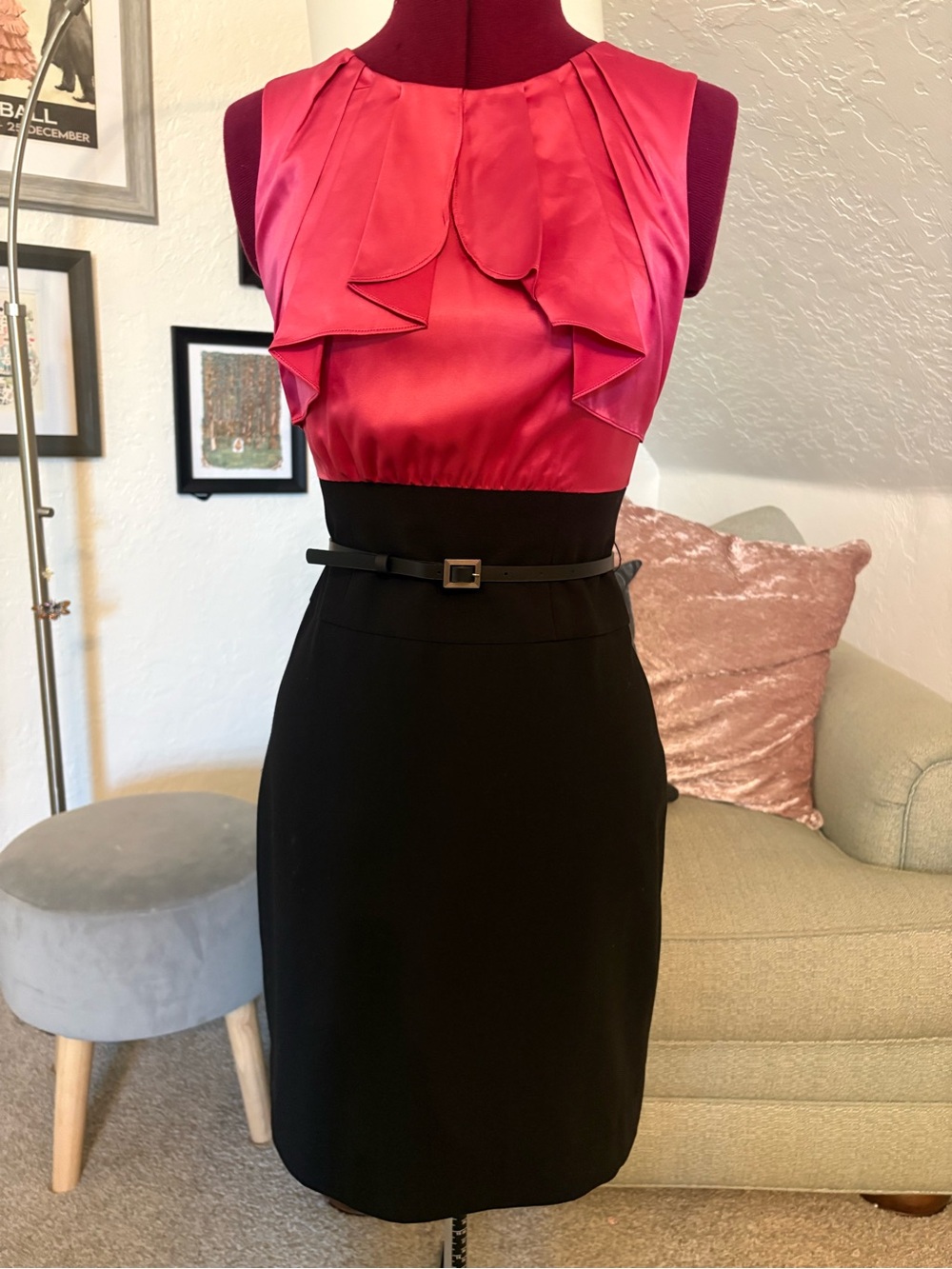 BCBG Classic Two-Tone Pencil Skirt Dress in Hot Pink and Black